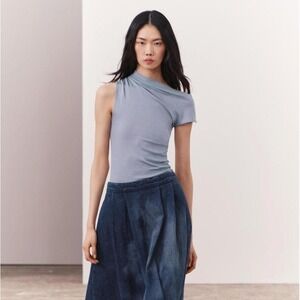 Asymmetrical Drape Neck One Shoulder Tee Shirt Top Blue